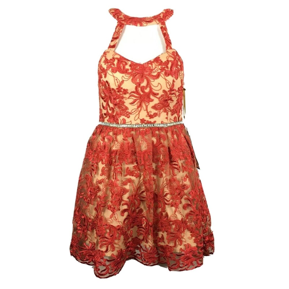 NWT Say Yes To‎ The Dress Womens Juniors Sz 5 Red Tan Floral Lace Party Lined